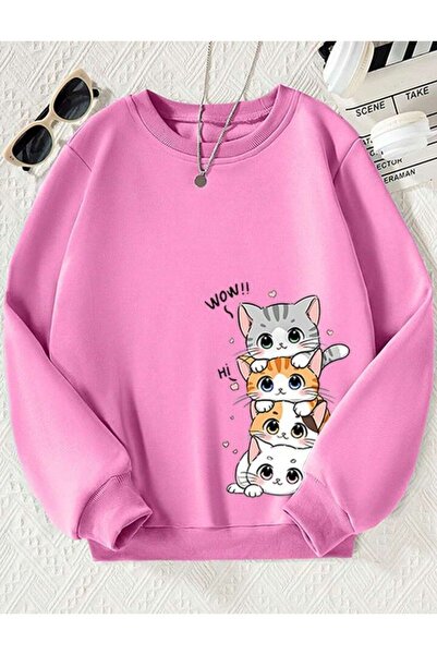 trend selection Women's Oversize Sweatshirt - Cute Kittens Printed, Crew Neck