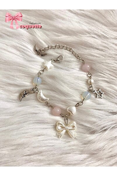 bohemian takı tasarim Pembe Kuvars Aytaşı Coquette Fairycore Bileklik
