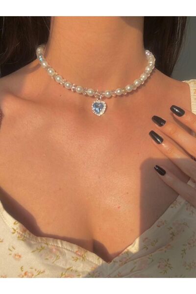 Pinky Lady Incili Parlak Taşlı Kalp Kolye