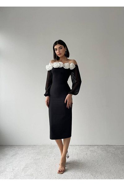 Julishop Women's Black Color Strapless White Rose Detailed Collar Sleeves Transparent Premium Midi Dress