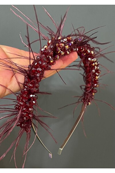 DesaAccessories Bordo Kristal Taşlı Tüylü, Nişan, Kına, Düğün Tacı