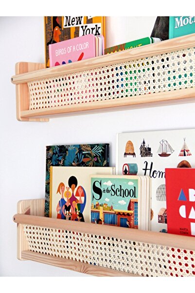 metre dizayn Ahşap Hazeran Rattan Duvar Rafı Şık Çocuk Odası Montessori Kitaplık 1 Adet