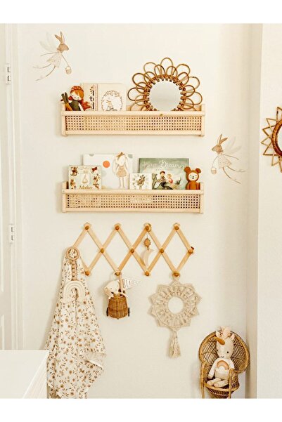 metre dizayn Ahşap Hazeran Rattan Duvar Rafı Şık Çocuk Odası Montessori Kitaplık 1 Adet