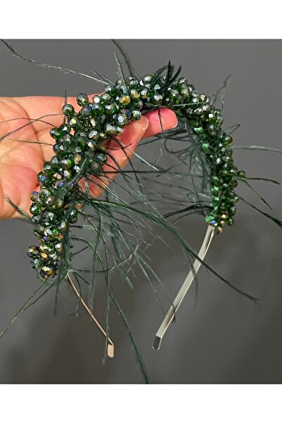 DesaAccessories Yeşil Kristal Taşlı Tüylü, Nişan, Kına, Düğün Tacı