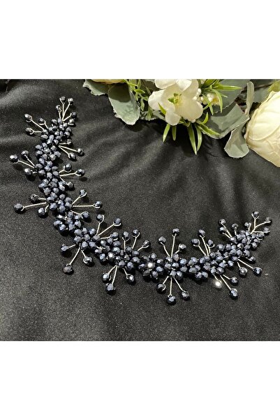 Genel Markalar Lacivert Kristal Taşlı Nişan, Kına, Düğün Saç Aksesuarı, Gelin Tacı