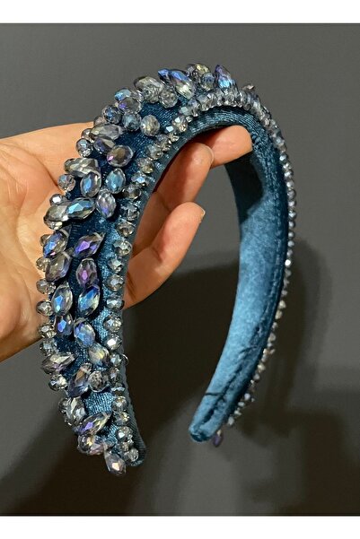 DesaAccessories Mavi Kristal Taş Işlemeli Taç, Kına, Nişan, Düğün, Abiye Tacı