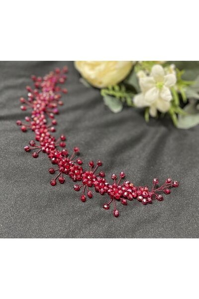 Genel Markalar Bordo Kristal Taşlı Nişan, Kına, Düğün Saç Aksesuarı, Gelin Tacı