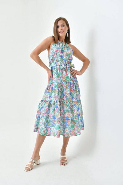 S&A Collectionn Rochie florală pentru femei, cu șnur, cu șnur, cu talie elastică, lungime mijlocie, până la genunchi
