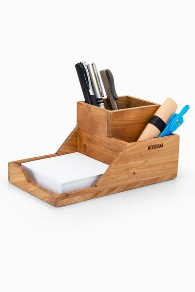 Woodsaka Prokit Model 5 - Multi-purpose Organizer: Compartmented Pen Holder and Note Paper Box - Cherry
