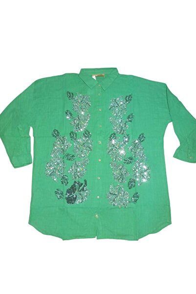 Esra Butik Hane KADIN YEŞİL PUL PAYET İŞLEMELİ OVERSİZE STANDART BEDEN GÖMLEK