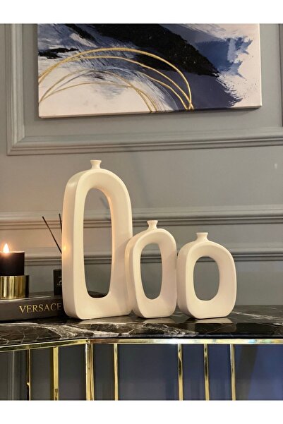 AstreHome Seramik Özgün Tasarım Dekoratif 3'lü Takım Vazo- Bej Renk