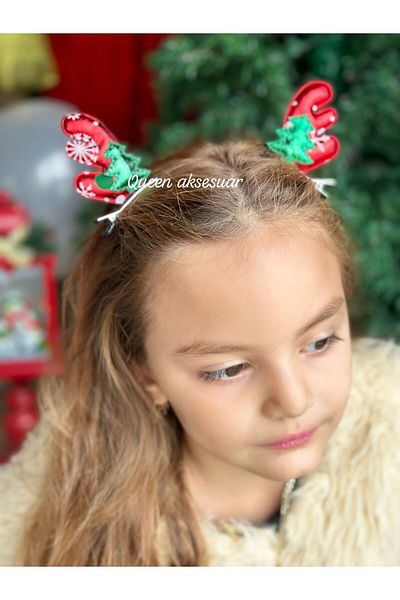 QUEEN AKSESUAR New Year's Special Design Metallic Bright Red Cute Deer Horned 2-Piece Women's Children's Buckle No2