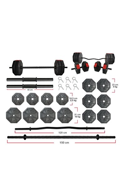 TAN SPOR 80 Kg Düz Bar (150 CM) Z Bar ( 120 Cm )dambıl Halter Ağırlık Full Seti Kırmızı Kapaklı