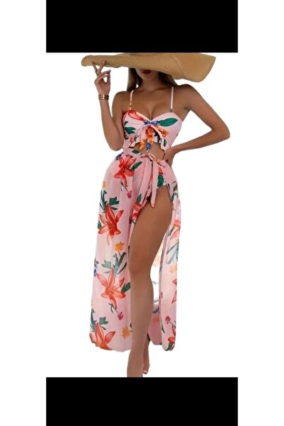 NİSANURTEKSTİL Yüksek Bel Bohemia Mayo Set üç parça Çiçek Baskı Bikini Mayo