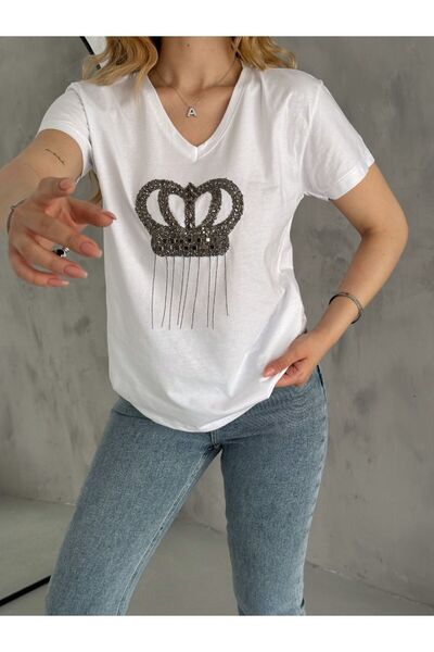 REMENY Tricou de damă sezon nou - decolteu, model coroană, ciucuri brodat cu piatră