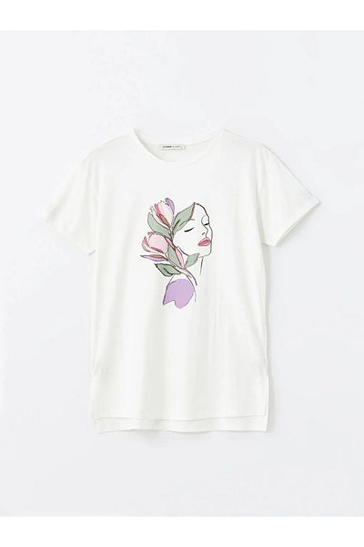 LC Waikiki Γυναικείο T-Shirt LCWAIKIKI Ecru Crew Neck - Τυπωμένο Βασικό Μοντέλο
