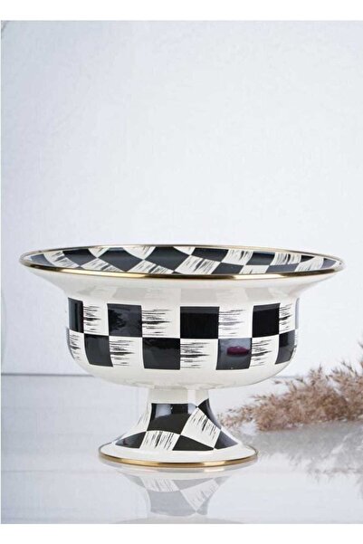 SEZER Avangard Kitchen Beyond Gold Detailed Footed Enamel Acar Checkered Mckenzie Fruit Bowl