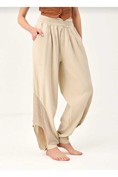 pier moda Fileli Keten Şalvar Pantolon -bohem Style- Bej Renk- Rahat Pantolon Şalvar