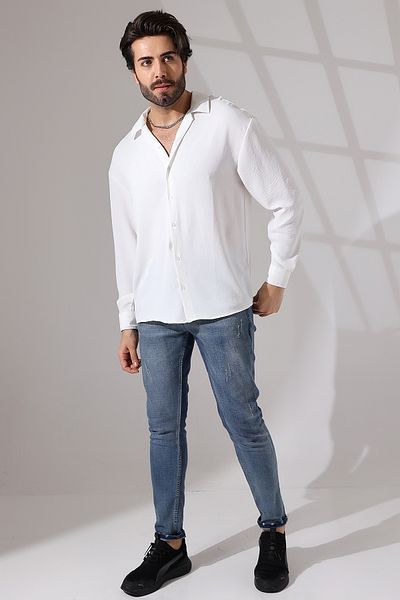 pattersty White Linen Aerobin - Long Sleeve Loose Fit Summer Men's Shirt