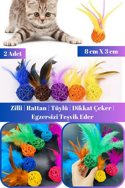 Hane Dostu Colorful Furry Rattle Cat Dog Chewing Ball - 2 Pieces