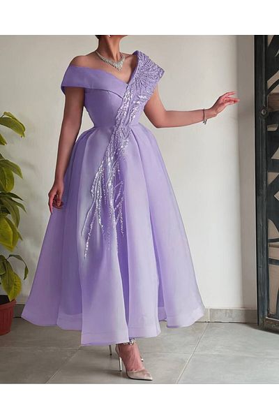 Gold Dresses Organza Embroidered One-shoulder Flared Midi Evening Dress - Lilac Aby 242408