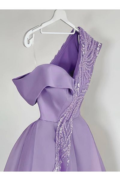 Gold Dresses Organza Embroidered One-shoulder Flared Midi Evening Dress - Lilac Aby 242408