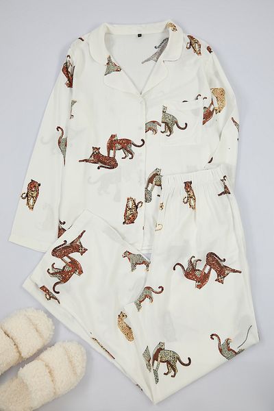 Trendyol Curve Ecru Patterned Shirt Collar Pajama Set - TBBAW25AI00049