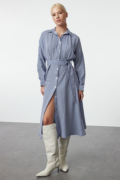 Trendyol Collection Rochie cămașă cu dungi cu curea midi - TWOAW25EL00470