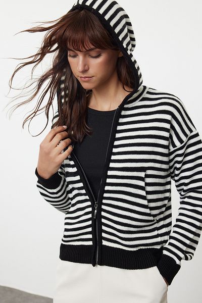Trendyol Collection Striped Hooded Black Knitwear Cardigan - TWOAW24HI00365