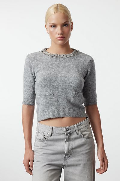 Trendyol Collection Stone Embroidered Gray Knitwear Sweater - Wool Collar Twoaw25Kz00125