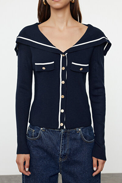 Trendyol Collection Ágyazási gallér, sötétkék blokk kötöttáru kardigán - TWOAW25HI00037