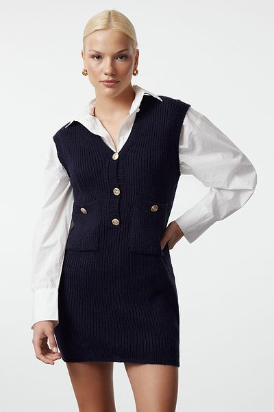 Trendyol Collection V-nyakú sötétkék mini kötöttáru ruha - puha textúra TWOAW25EL00059