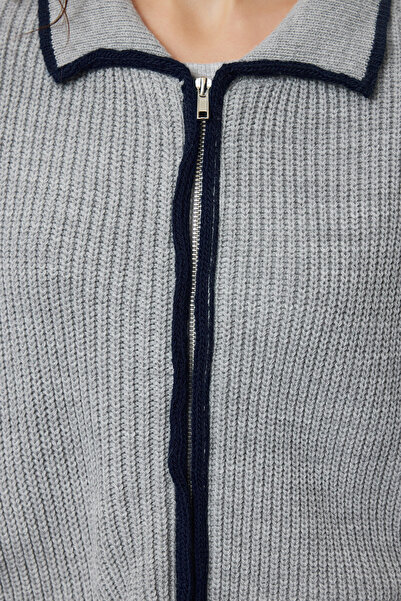 Trendyol Collection Anthracite Knitwear Cardigan - With Piping and Zipper, TWOAW25HI00039