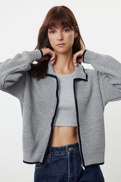 Trendyol Collection Anthracite Knitwear Cardigan - With Piping and Zipper, TWOAW25HI00039