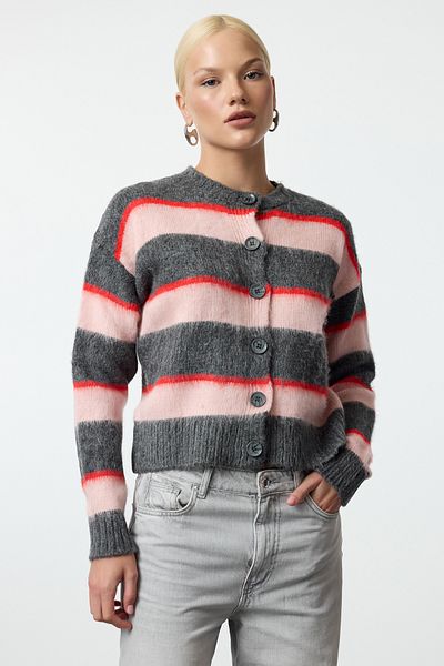 Trendyol Collection Crew Neck Anthracite Knitwear Cardigan - Soft Texture and Color Block Twoaw25Hi00295