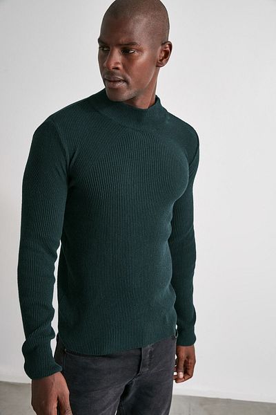 Trendyol Collection Πράσινο Unisex Μισό ζιβάγκο Βαμβακερό μασίφ πλεκτό πουλόβερ TMNAW21KZ0553