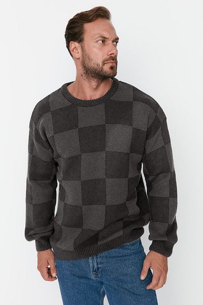 Trendyol Collection Schwarzer Oversize-Strickpullover für Unisex – Rundhalsausschnitt, kariert TMNAW23KZ00279