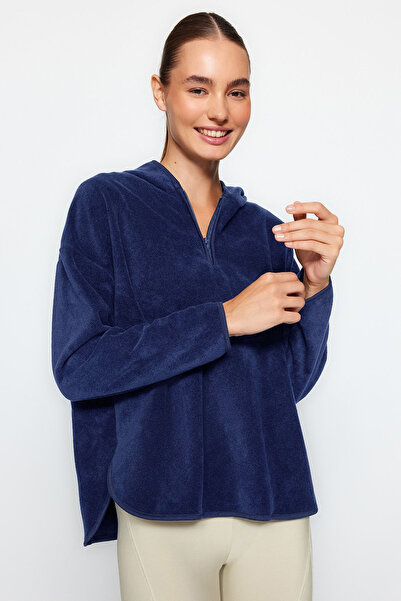 Trendyol Collection Námořnická modrá Silná fleecová mikina s kapucí a zipem Oversize/Wide Fit pletená mikina TWOAW22SW2063
