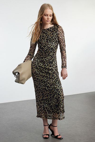 Trendyol Collection Rugalmas tüll mintás leopárd testhez kötött kötött ruha - Twoaw25el00222