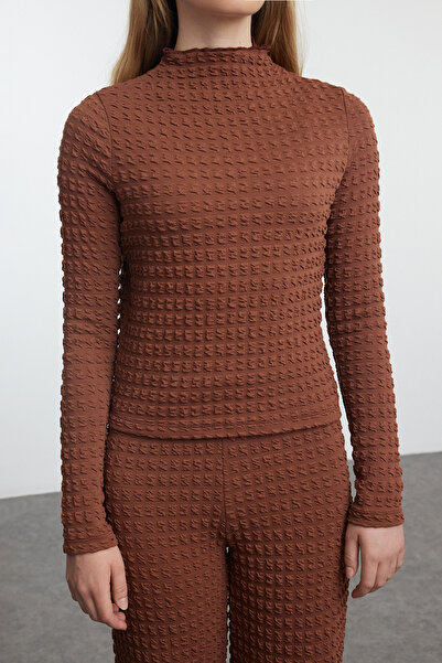 Trendyol Collection Brown Textured Fitted/Bodycon Long Sleeve Stretchy Knitted Bottom - Top Set Twoaw25Au00106