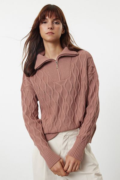 Trendyol Collection Pulover tricotat cu împletitură cu păr de trandafir praf - guler vertical TWOAW25KZ00293