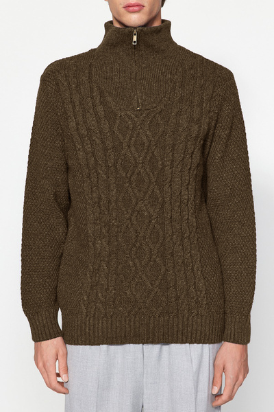 Trendyol Collection Кафяв мъжки обикновен трикотажен пуловер с трикотаж наполовина с яка и коса Tmnaw24Kz00047