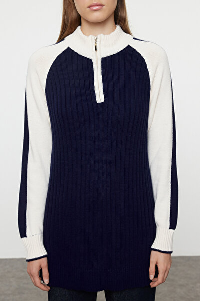Trendyol Modest Navy Blue Blocked Zippered Knitwear Sweater - TCTAW25AK00038