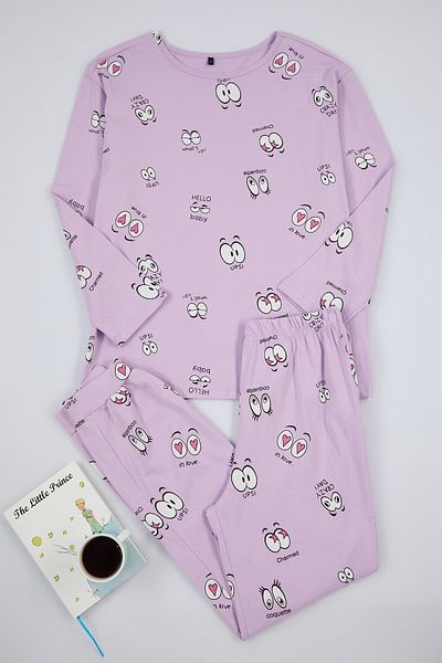 Trendyol Collection Šeříkový vzor očí 100% bavlna Tričko a Jogger Sleepwear Set – Thmaw22Pt0270