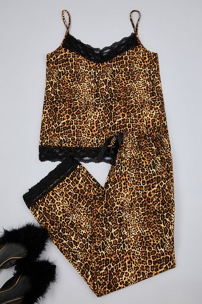Trendyol Collection Viscose Knitted Pajama Set - Leopard Print, Lace and Bow Detail, Rope Strap Thmss20pt0134