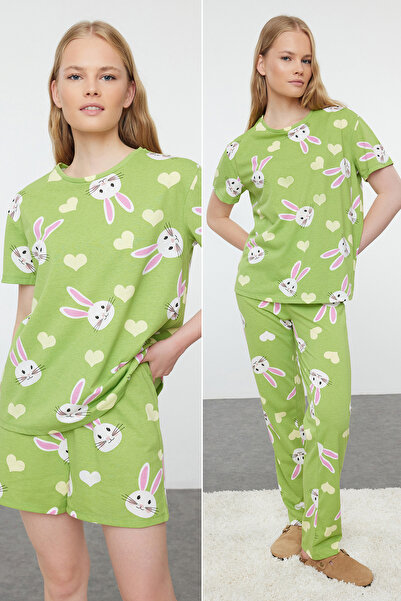 Trendyol Collection Green Rabbit and Heart Knitted Pajamas Set - 100% Cotton 3-Pack Thmaw25Pt00095