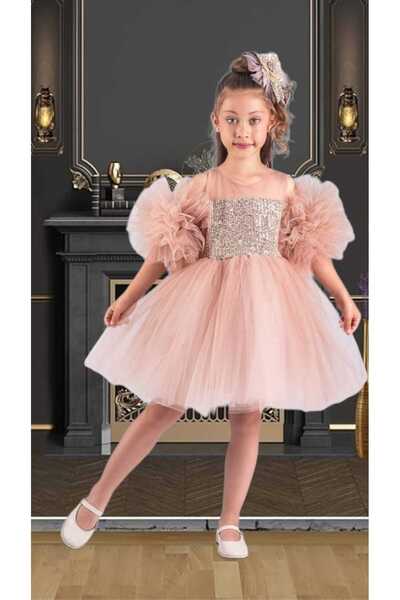 Genel Markalar Ponpon Kol Pul Payetli Tütülü Doğumgünü & Düğün Kız Çocuk Abiye Elbise 3 -10