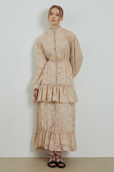 Hooopstore Beige Floral Tulle Patterned Dress