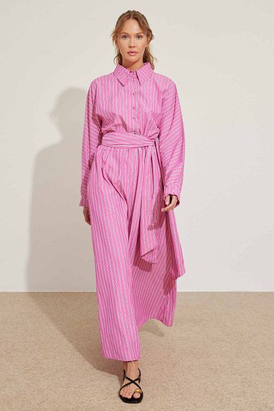 Hooopstore Fuchsia Poplin Dress - Striped with Belt Detail