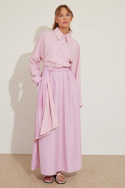 Hooopstore Pink Striped Poplin Dress - Belt Detailed